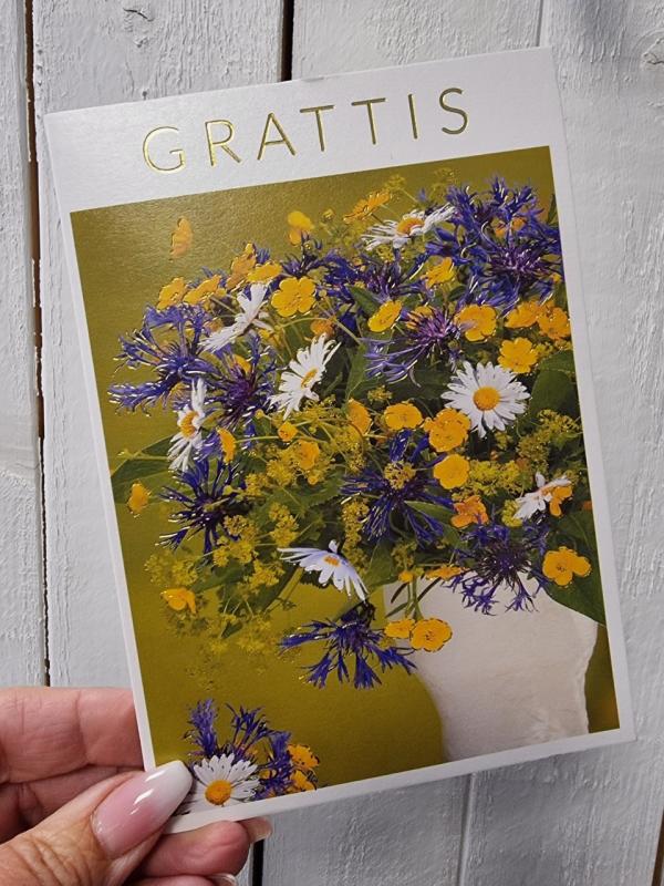 Grattis - Dubbelt kort med sommarblommor i vas