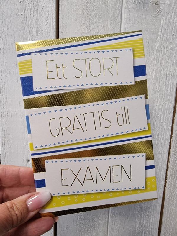 Ett stort grattis till Examen - Dubbelt kort i gult, blått och guld