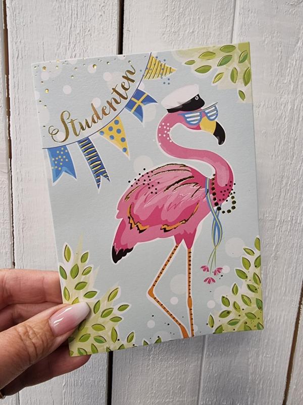 Studenten - Dubbelt kort med en flamingo i studentmössa