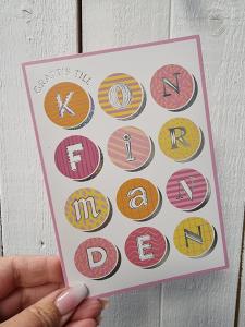 Grattis till Konfirmanden - Dubbelt kort med bokstäver i cirklar, rosa