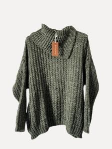 Stickad tröja med sjalkrage, Skogsgrön, Lari - Reunion Home