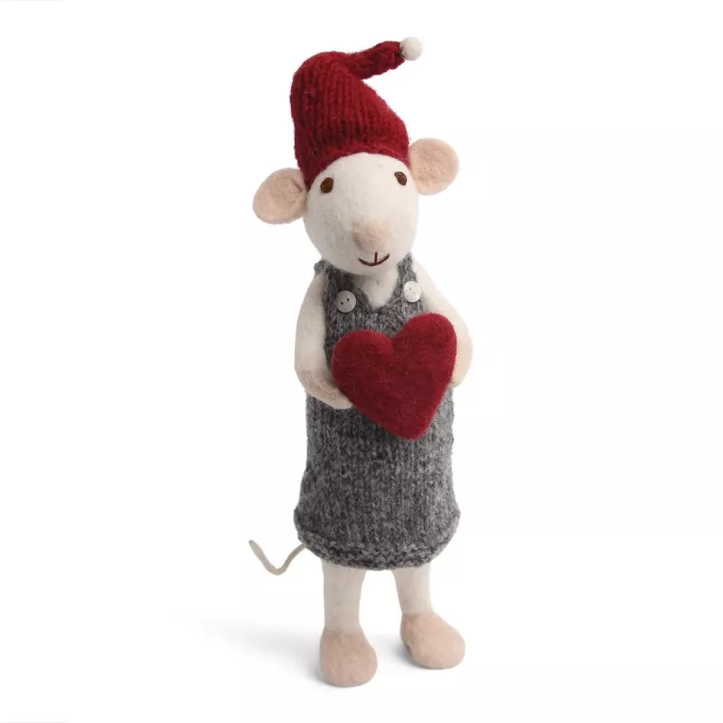 Tovad vit mus med grå klänning och ett hjärta (83022) - Én Gry & Sif                  LEV V.40