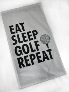 Velourhandduk, Grå m Svart text,  Eat, Sleep, Golf, Repeat - Mellow Design