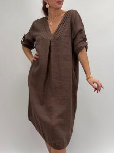 Linneklänning med v-hals, Brun Wendy - Gemini     BERÄKNAD LEV: MARS