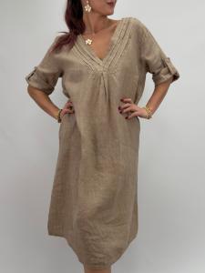 Linneklänning med v-hals, Taupe Wendy - Gemini     BERÄKNAD LEV: MARS