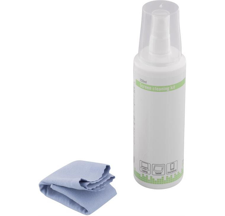 Skärmrengöringskit, rengöringsmedel och microfiberduk