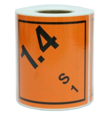 Farligt gods-etiketter, Explosiva ämnen och föremål, 100x100 mm, 250 st etiketter/rulle