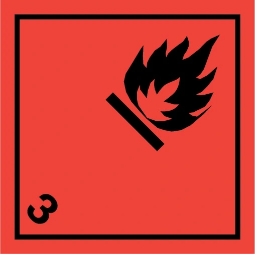 Farligt gods-etiketter, Brandfarliga vätskor, 100x100 mm, 250 st etiketter/rulle