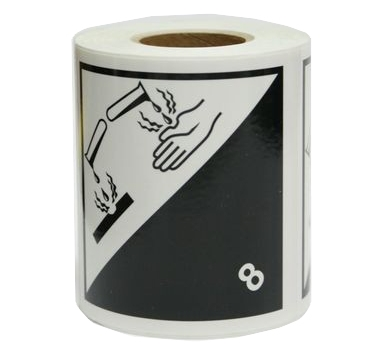 Farligt gods-etiketter, Frätande ämnen, 100x100 mm, 250 st etiketter/rulle