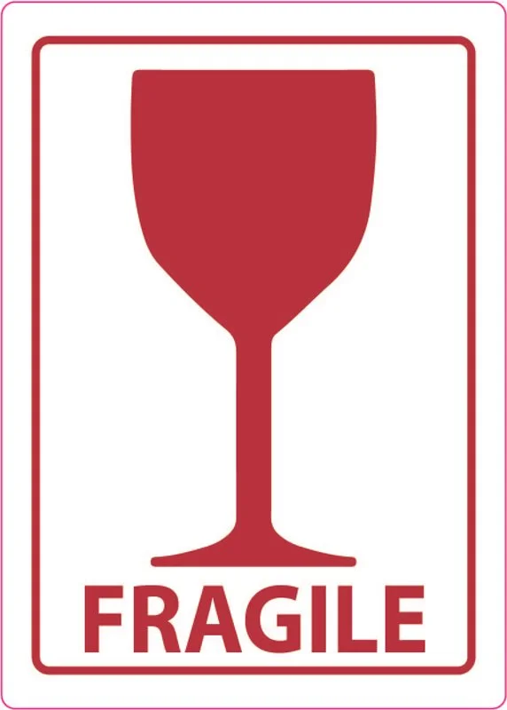 Varningsetikett med vinglas och texten "Fragile", 105x74 mm, 500 st