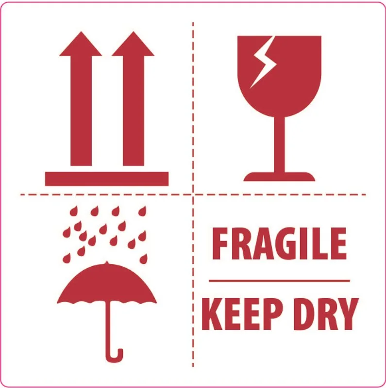 Varningsetikett med 3 symboler, Fragile & Keep dry, 500 st