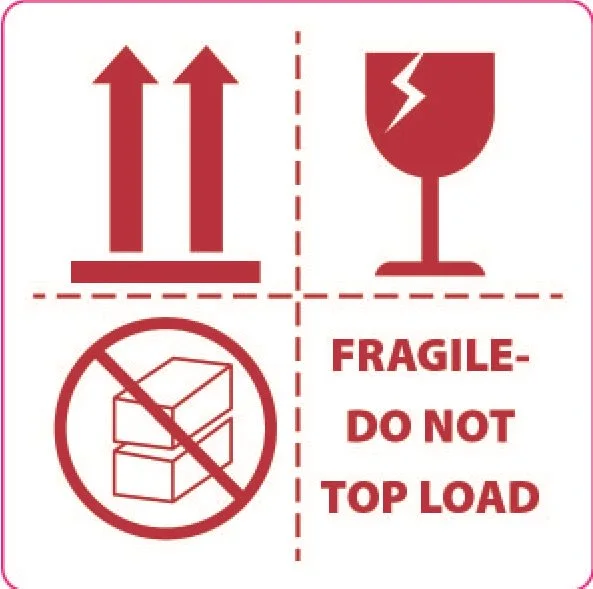 Varningsetikett med 3 symboler, 100x100 mm, Fragile & Do not topload, 500 st