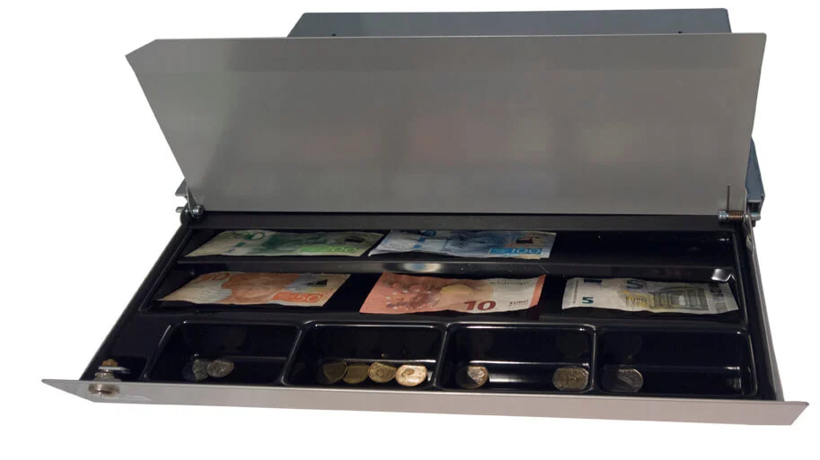 Manuell kassalåda med säkerhetslock, 4 myntfack, fria sedelfack