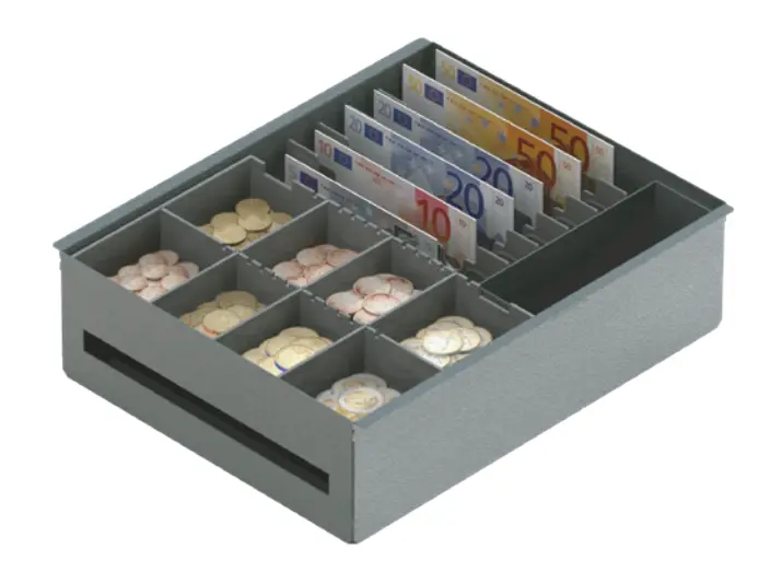 Liten kassalåda, 6 sedelfack, 8 myntfack, APG Nano