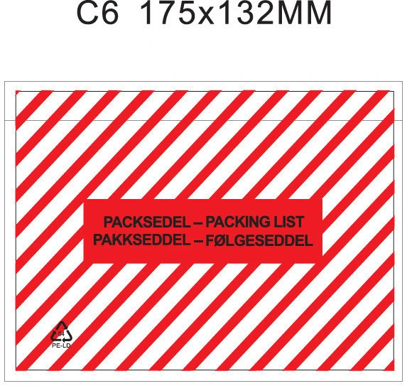 Packsedelskuvert, C6, Tryck: "PACKSEDEL", Randigt (vit/röd), 175x132 mm, 1000 st