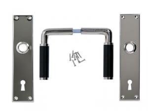 Dörrtrycke/ dörrhandtag Funkis, svart bakelit, komplett/ Dörrhandtag/ Handtag