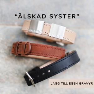 Läderarmband med graverade brickor, Älskad dotter, mamma, syster...mfl