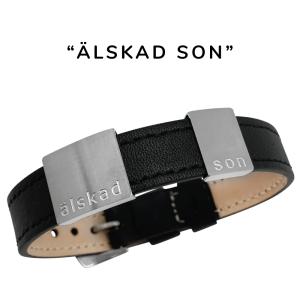 Armband "älskad son", läder & stål. 8mm / 14mm