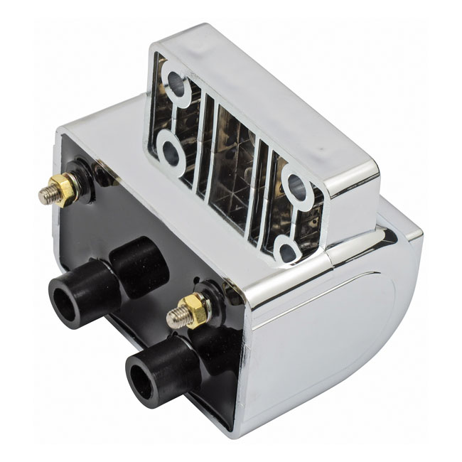 Late' OEM style ignition coil. 12V, 4 ohm. Chrome