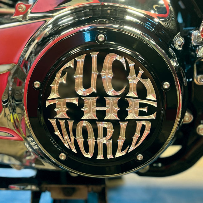 Indian Larry, ''FTW'' derby cover. Gloss black/clear