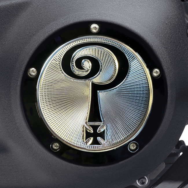 Indian Larry, ''Question Mark'' derby cover. Gloss black/clear