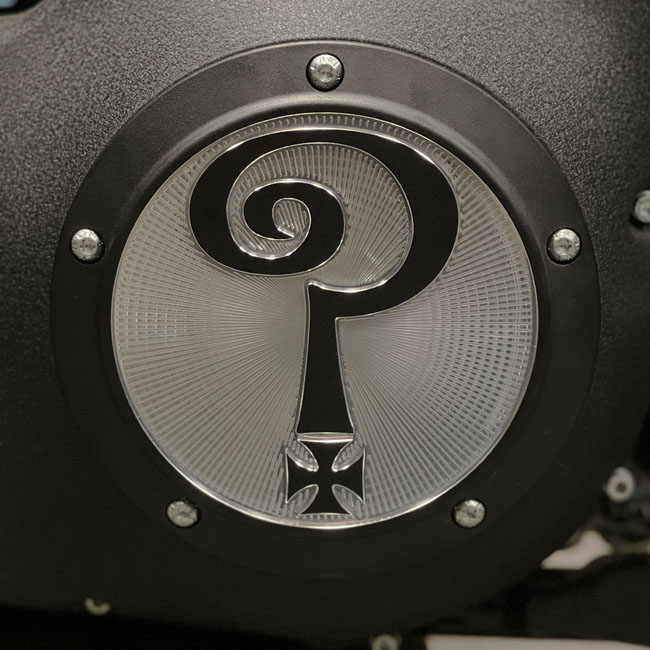 Indian Larry, ''Question Mark'' derby cover. Matte black/clear