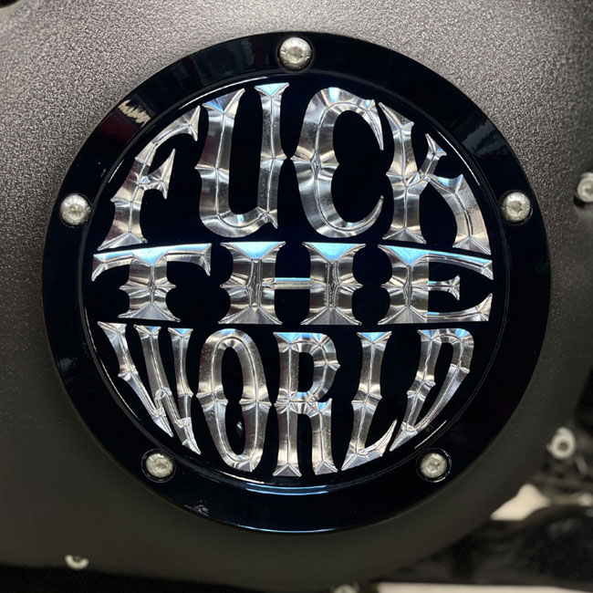Indian Larry, ''FTW'' derby cover. Gloss black/clear
