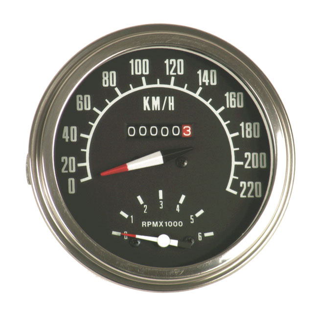 FL speedo/tachometer, '73-84 face', black. 2:1 KMH