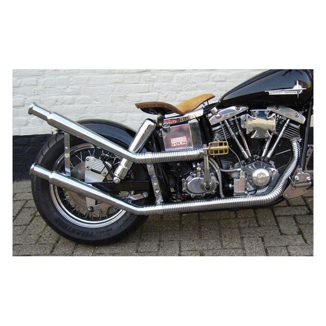 Paughco, upswept head pipes. S-pipe - around oil tank