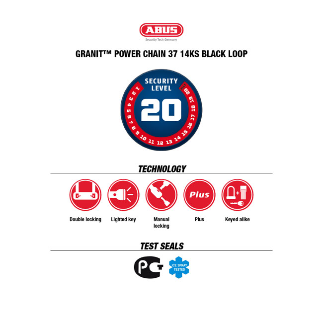 Abus, Granit 37RK/80 pad lock & 14KS120 black loop chain