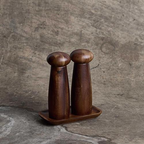 Raw Teak Keramisk Kvarnset med Bricka 3 delar Mörkt Teak