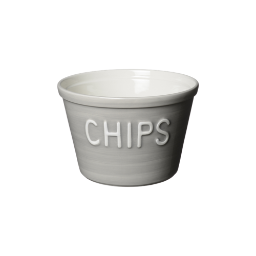 Chipsskål, grå m vit text
