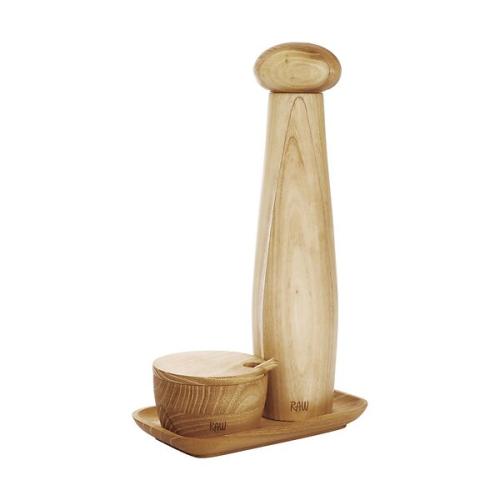 RAW Teak keramisk pepparkvarn + bricka + saltkar