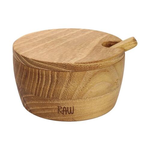 RAW Teak saltkar med lock och sked 4 cm