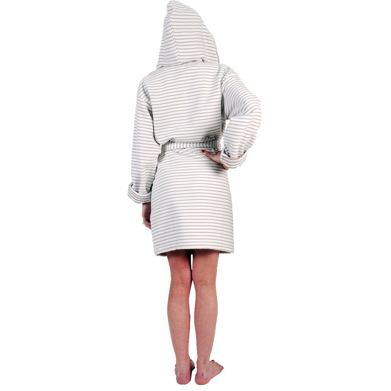 Women’s Bathrobe Grand Large is a  hooded short soft model of high Quality. Greige/white striped