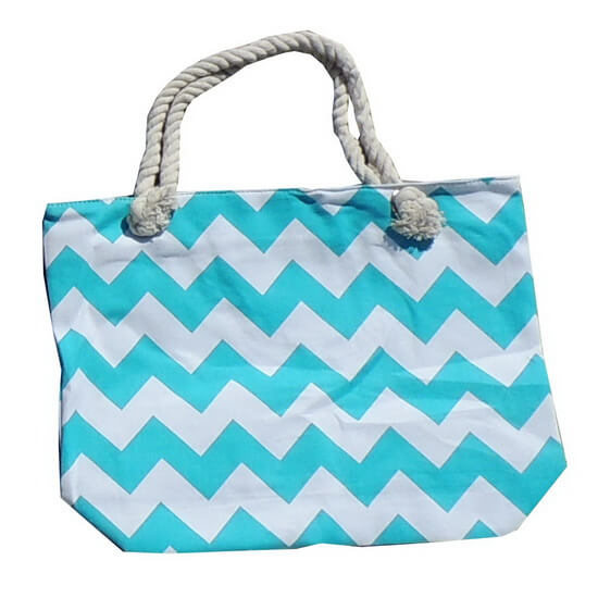 Beach Bag Chevron Aqua and White with Zipper