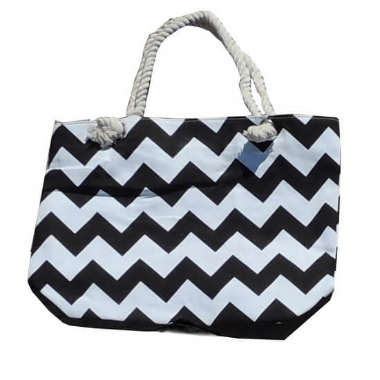 Beach Bag Chevron Black and White with Zipper