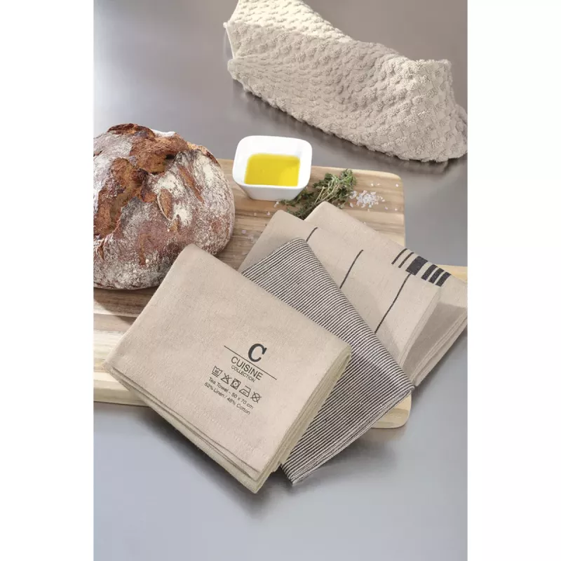 Cawö Cuisine Nature Striped Kitchen Towel - Tea Towel 2-Pack Linen Blend 50x70 cm – Linen Beige