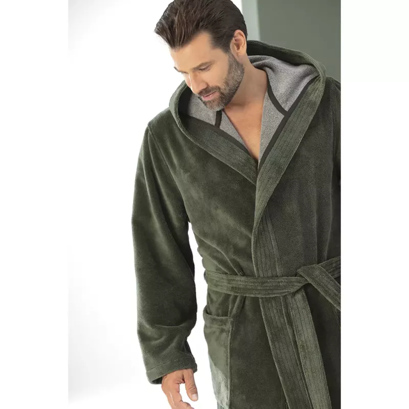 Herr Dubbelsidig Morgonrock med Huva Fieldgrön XXL-5XL