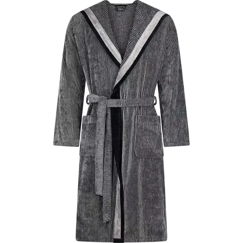 Herr Morgonrock med Huva Natur-svart Mönstrad