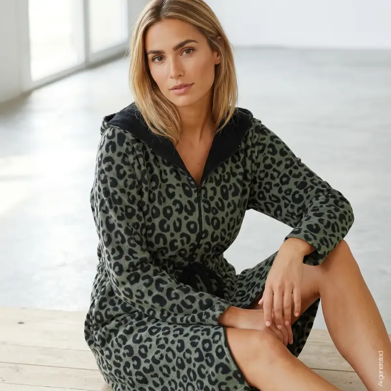 Cawö Leo 854-49 Women's Hooded Bathrobe Olive