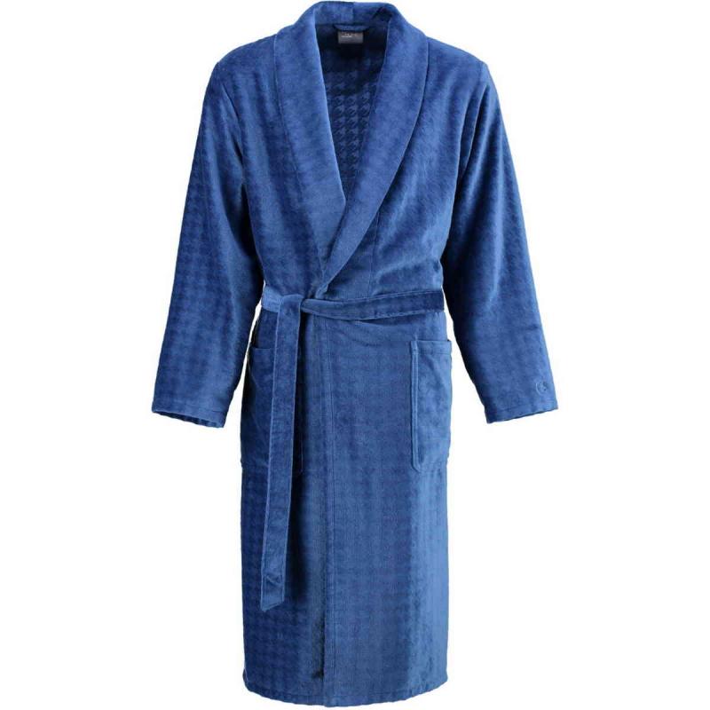 Cawö Luxury Home shawl collar sapphire blue long velour bathrobe