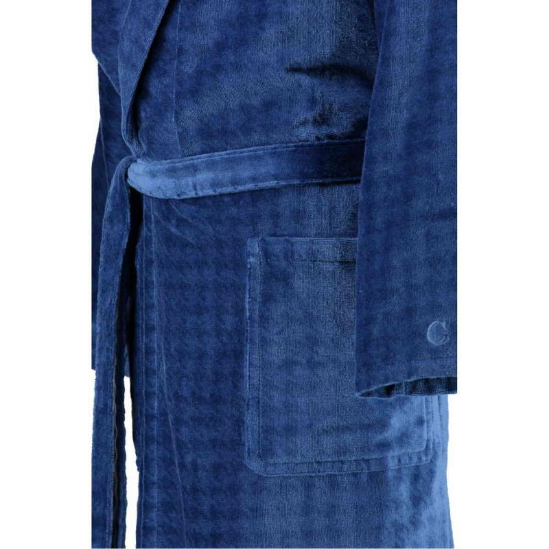 Cawö Luxury Home shawl collar sapphire blue long velour bathrobe