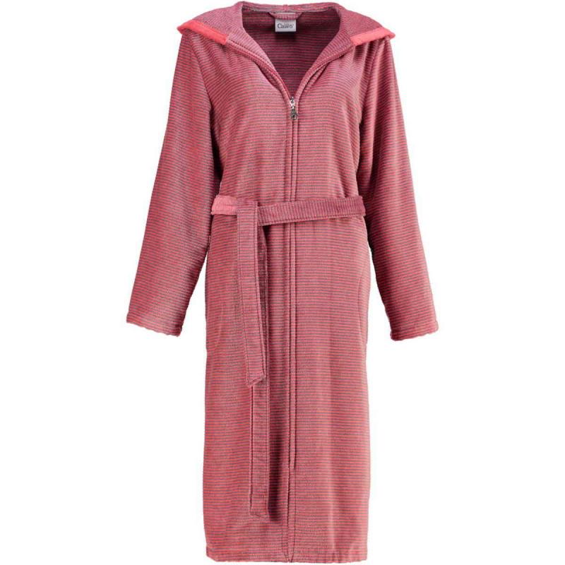 Cawö women's bathrobe long red hooded velour zipper robe 6432-27