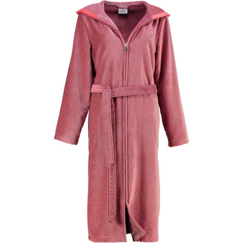 Cawö women's bathrobe long red hooded velour zipper robe 6432-27