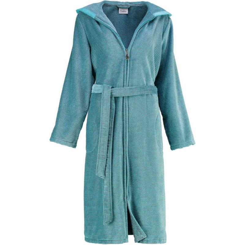 Cawö women's bathrobe long turquoise hooded zipper robe 6432-47