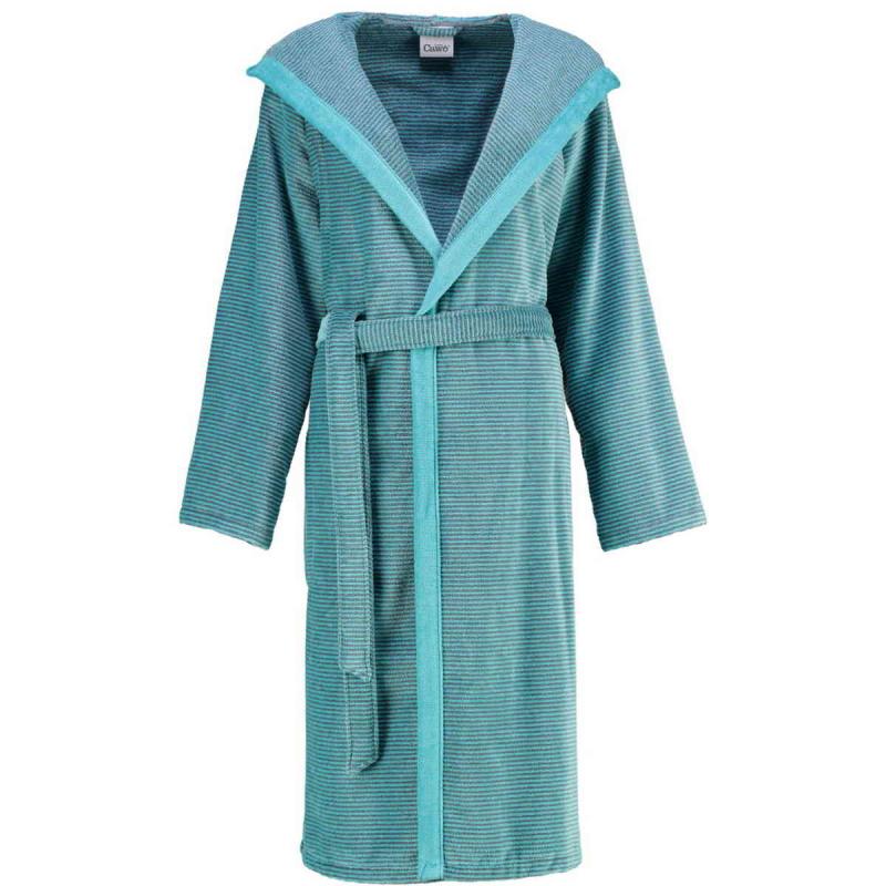 Cawö women's bathrobe long turquoise hooded velour robe 6425-47