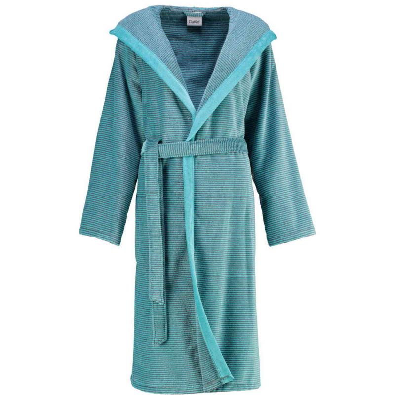 Cawö women's bathrobe long turquoise hooded velour robe 6425-47