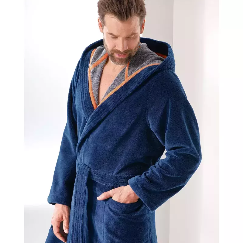 Cawö Men's Hooded Bathrobe 831-13 Navy blue