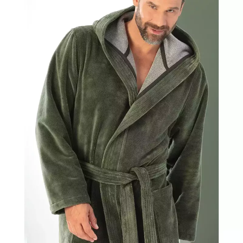 Cawö Men's Hooded Bathrobe 831-47 Field